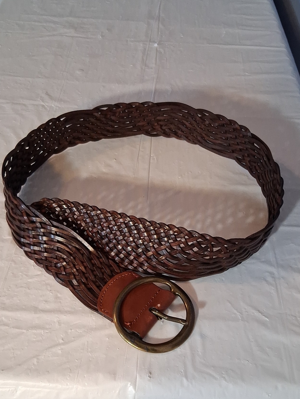 Fossil Woven Brown Leather Belt with Brass Ring Buckle